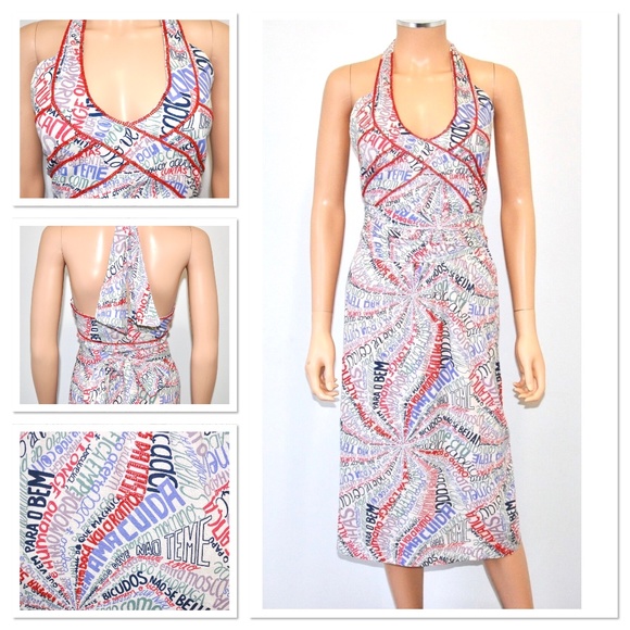 ISABELA CAPETO Portuguese Word Print Beaded Halter Dress - Sz M - Picture 2 of 11